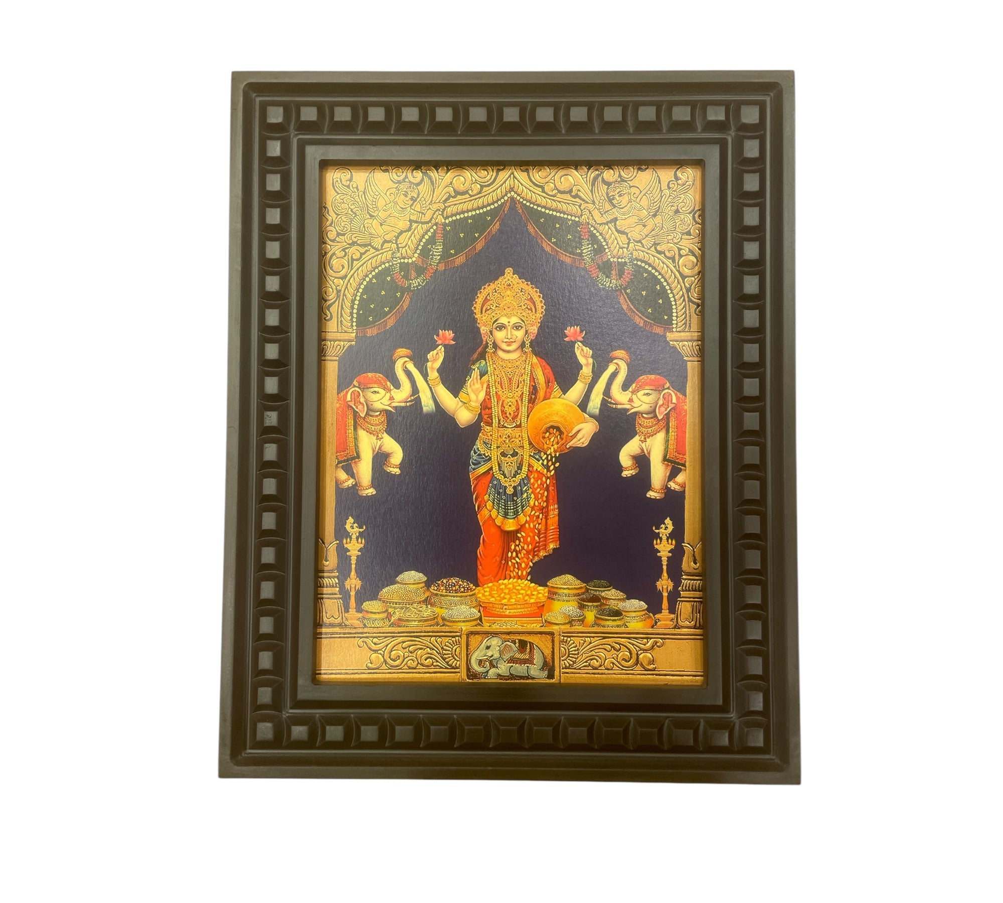 Gaja Lakshmi-5 Gold Leafed Art within Wooden frame