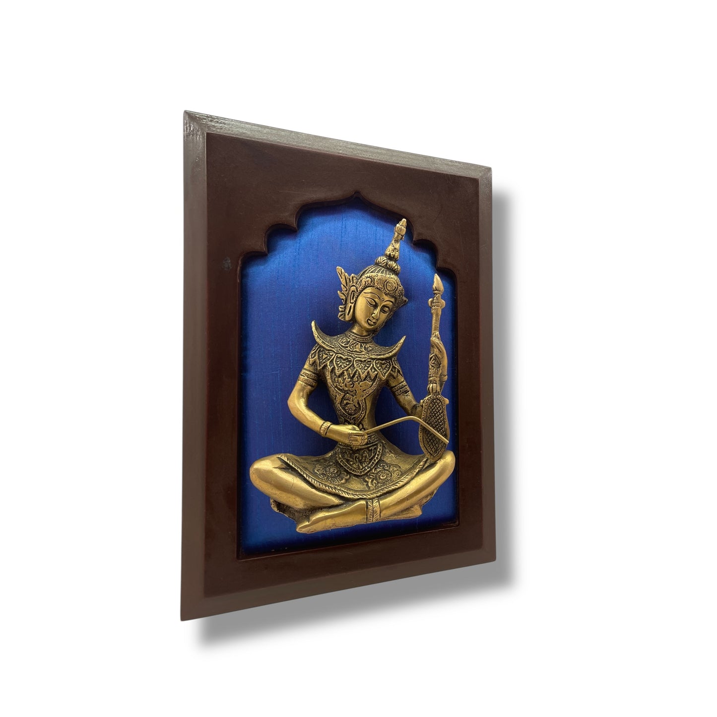 Brass Musician on Blue Silk in Wooden Frame