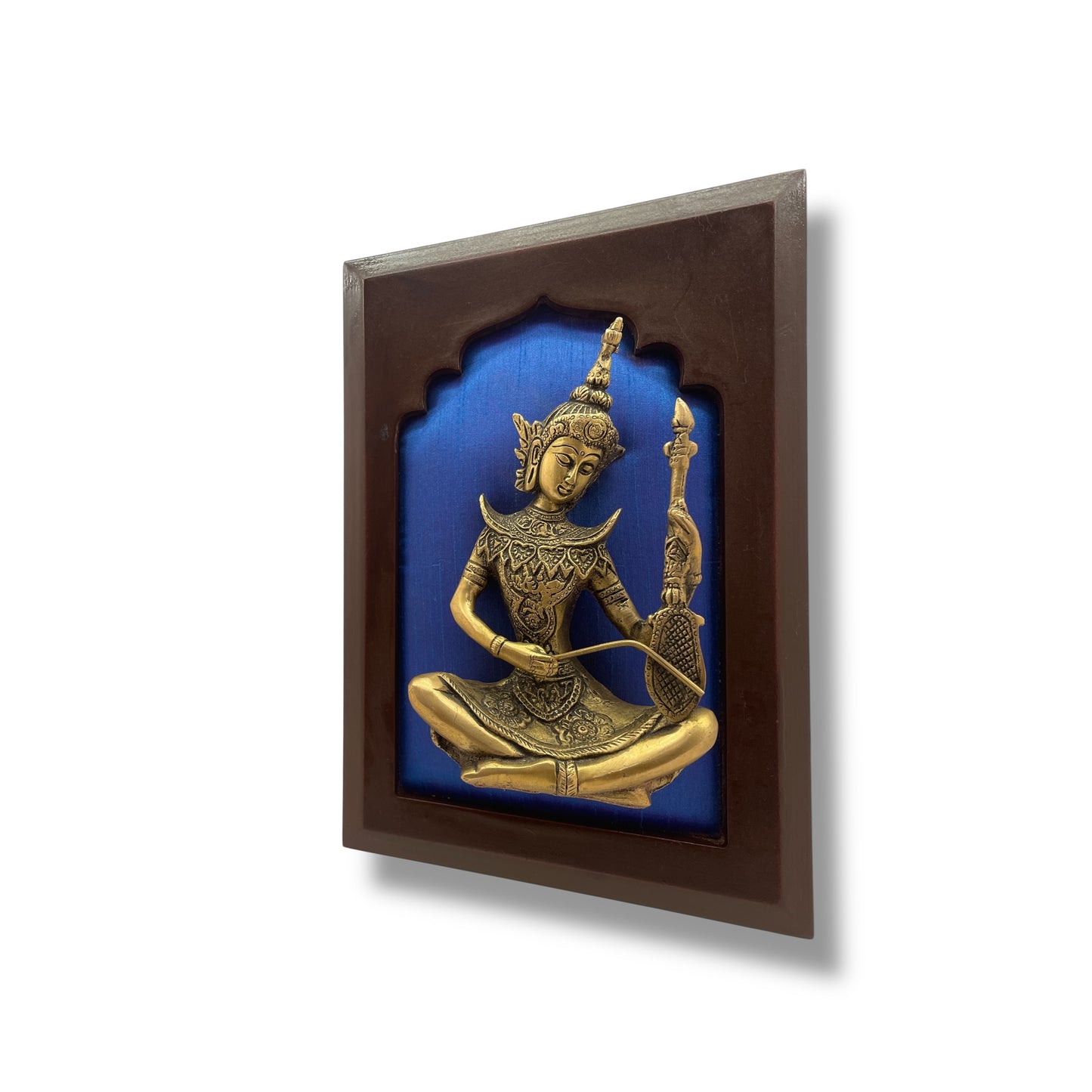 Brass Musician on Blue Silk in Wooden Frame