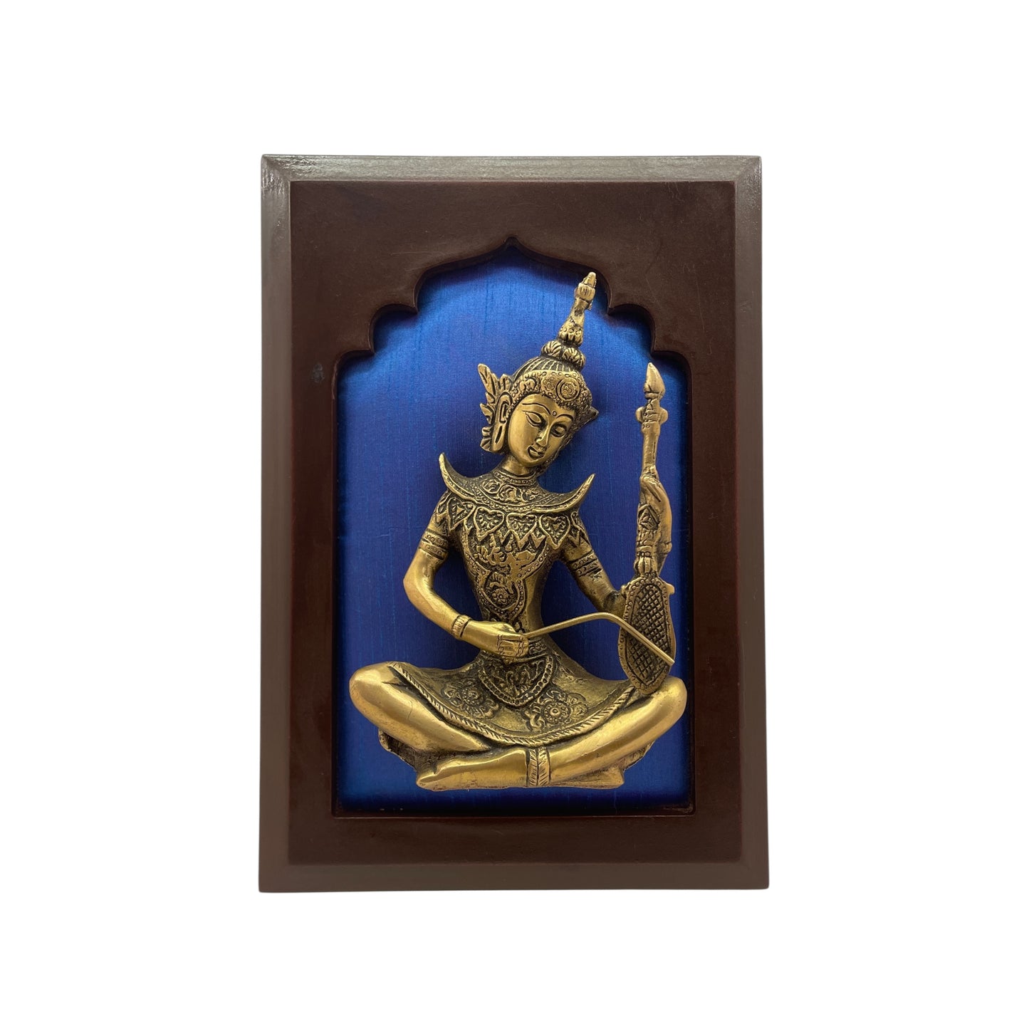 Brass Musician on Blue Silk in Wooden Frame