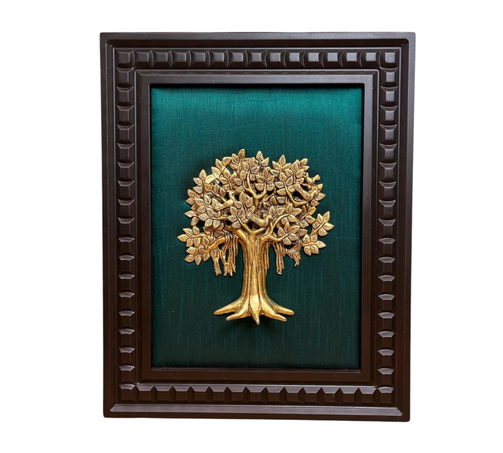 Brass Kalpavriksha with Dark green silk backdrop in wooden frame
