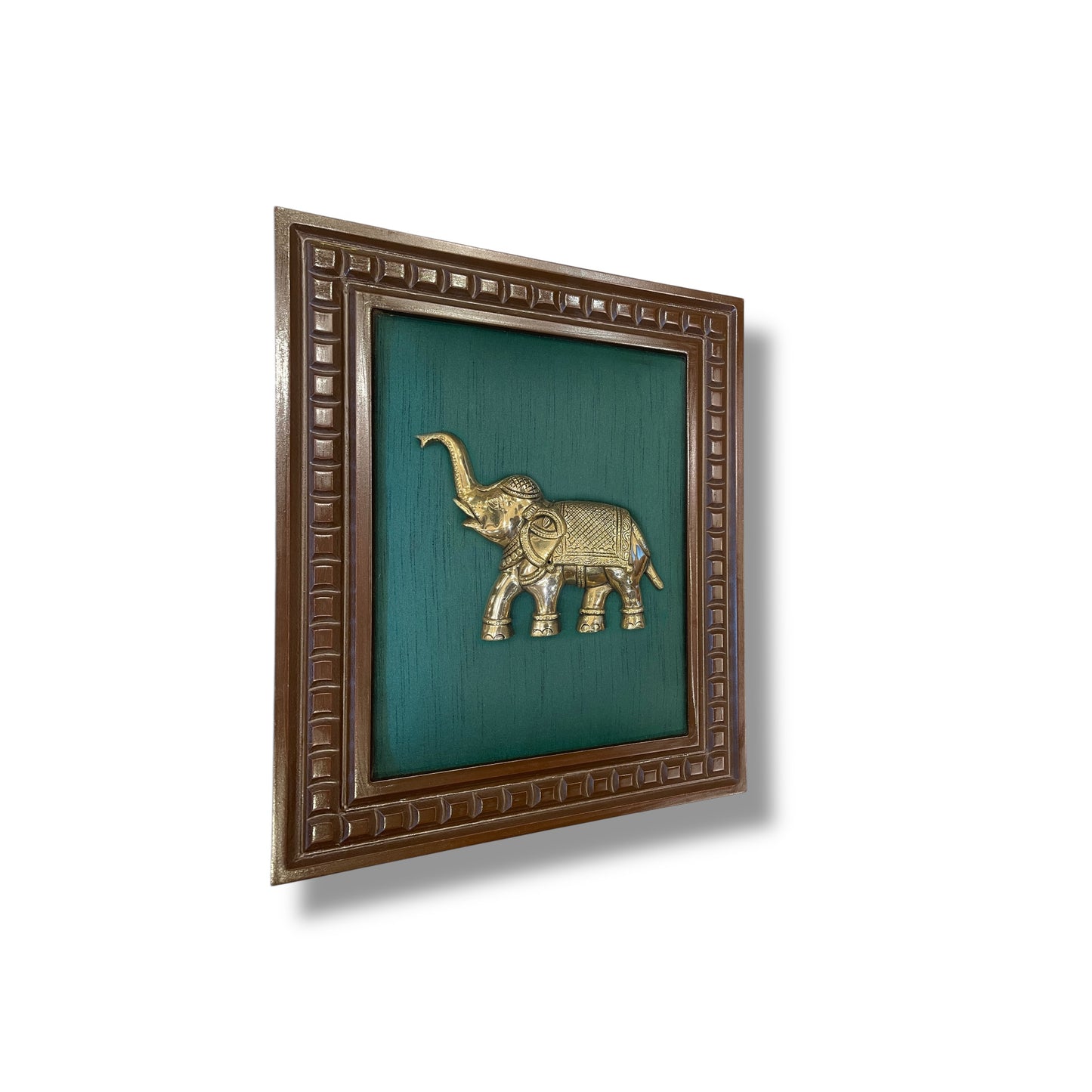 Brass Elephant With Rama Green Silk in Wooden Frame