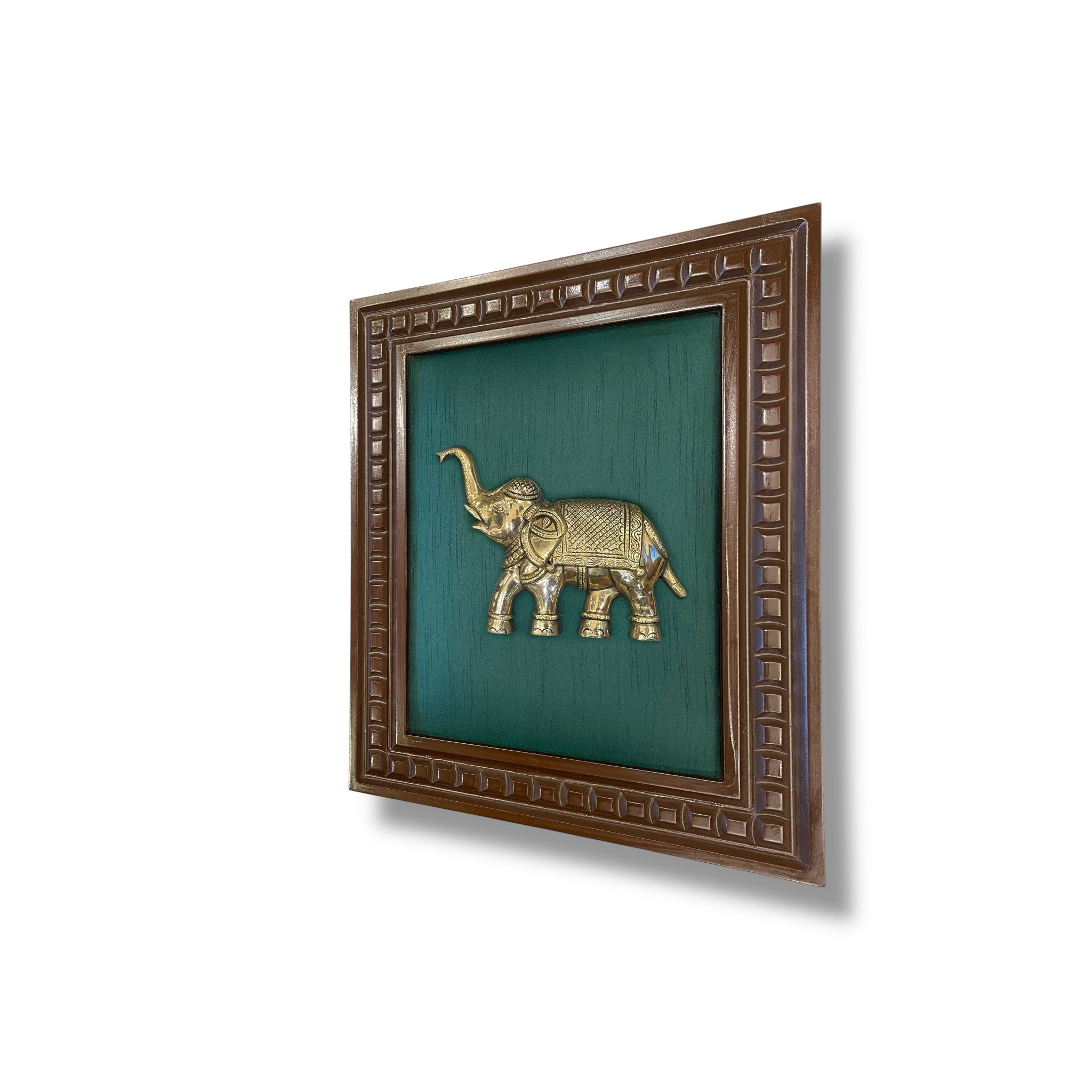 Brass Elephant With Rama Green Silk in Wooden Frame