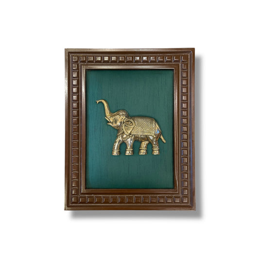 Brass Elephant With Rama Green Silk in Wooden Frame