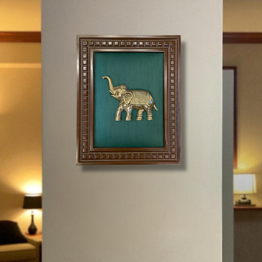 Brass Elephant With Rama Green Silk in Wooden Frame