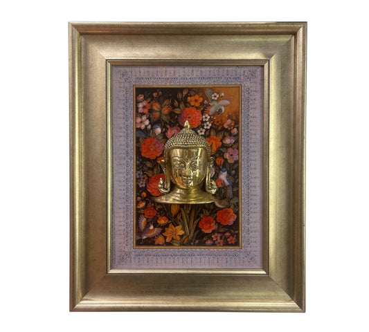 Brass Buddha with flower background in moulded frame