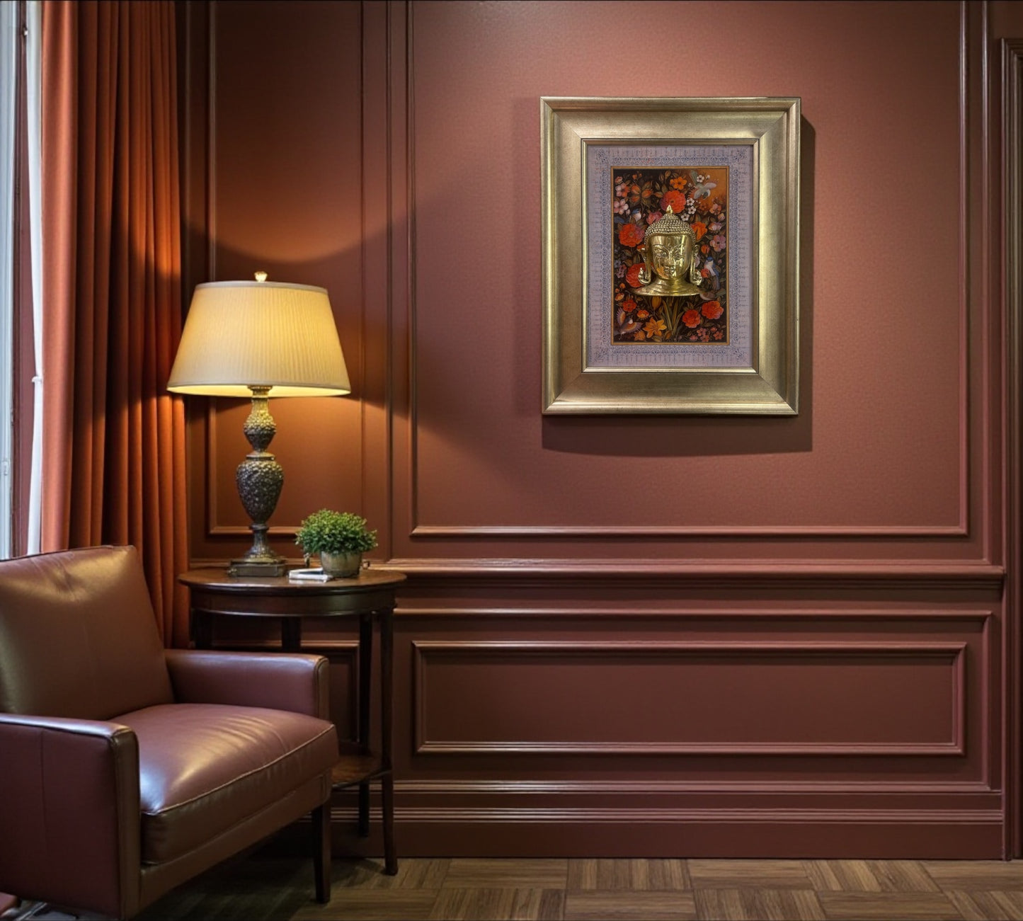 Brass Buddha with flower background in moulded frame