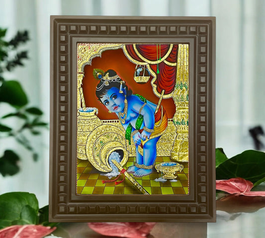 Krishna: Gold Leafed Art Baby Krishna-2 with wooden frame