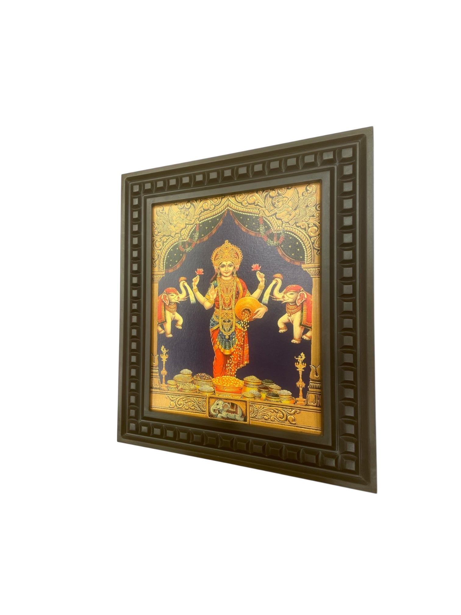 Gaja Lakshmi-5 Gold Leafed Art within Wooden frame