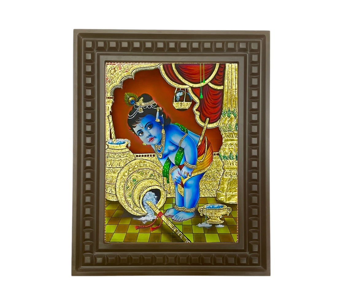 Krishna: Gold Leafed Art Baby Krishna-2 with wooden frame