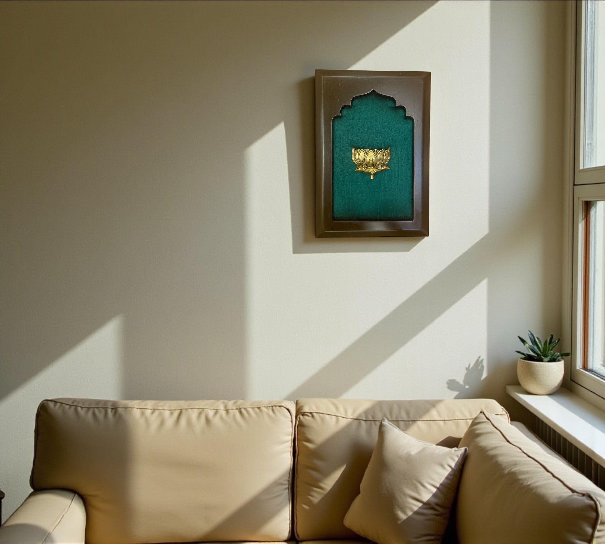Brass Lotus with Green Silk in Wooden frame..