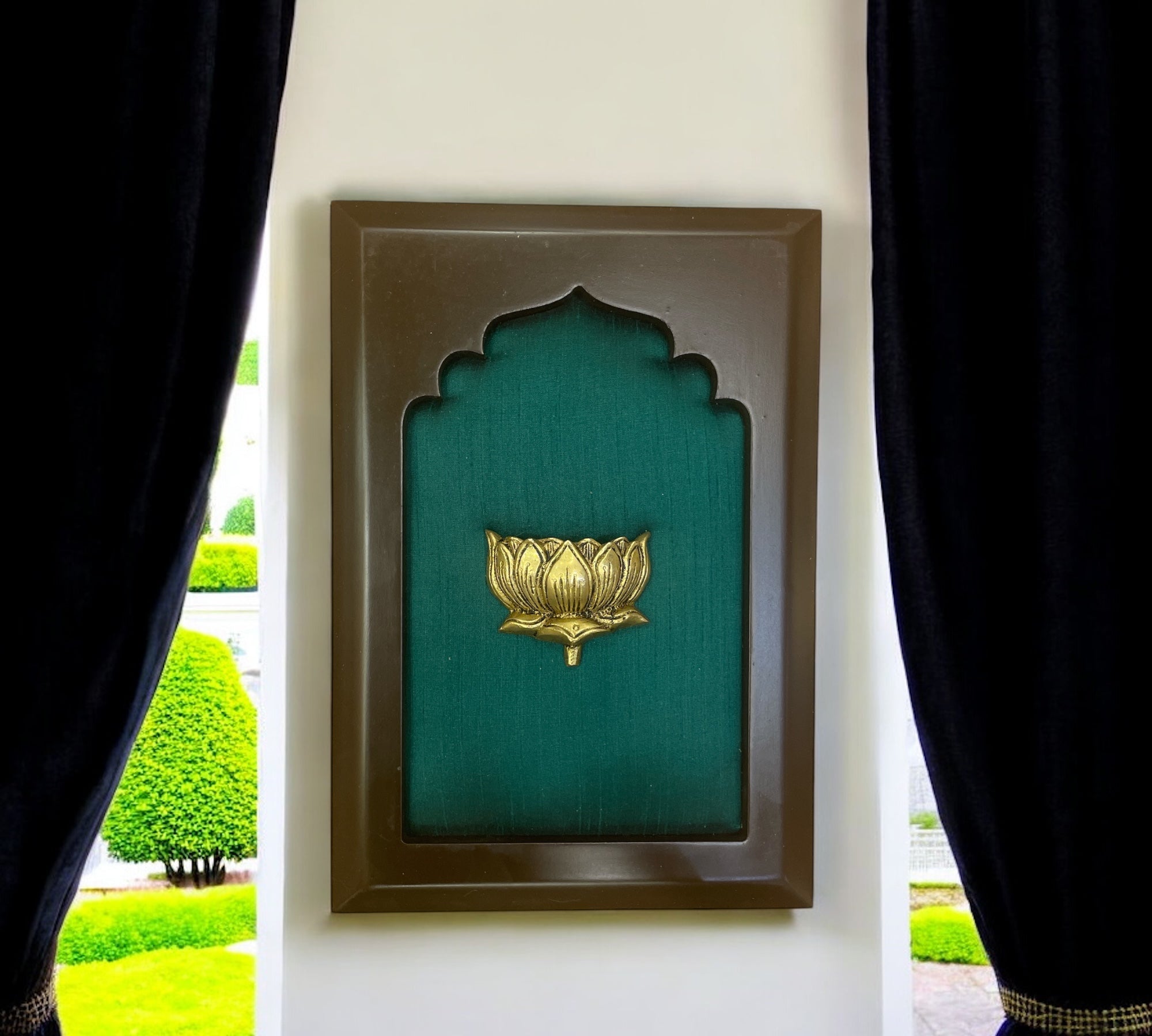 Brass Lotus with Green Silk in Wooden frame..