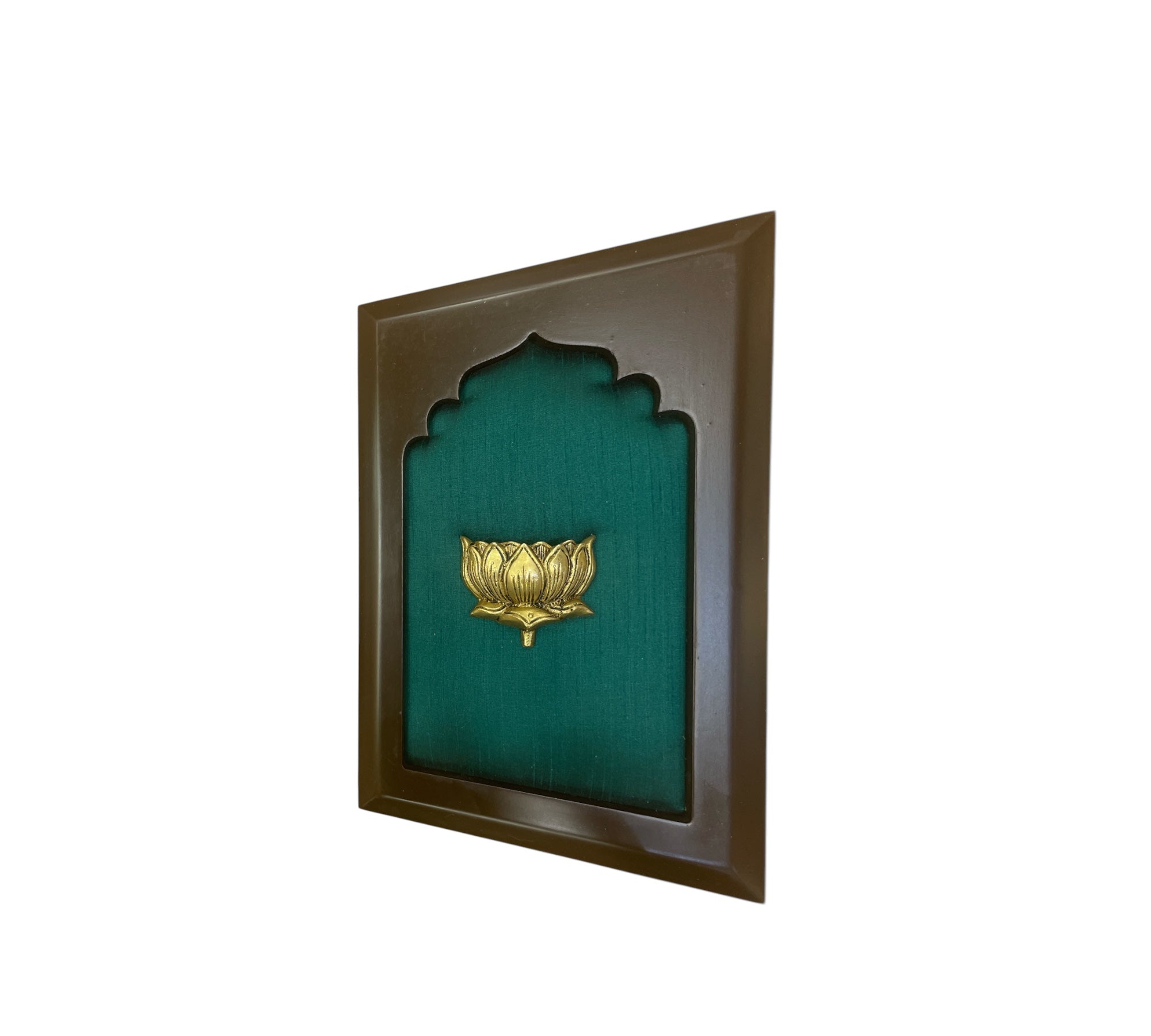 Brass Lotus with Green Silk in Wooden frame..