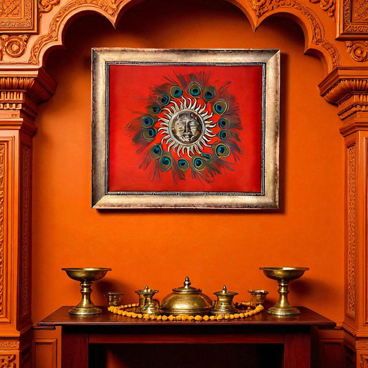 Brass Sun Wall Art with Peacock Feathers in Moulded Frame.