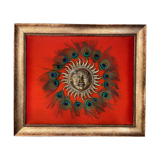 Brass Sun Wall Art with Peacock Feathers in Moulded Frame.