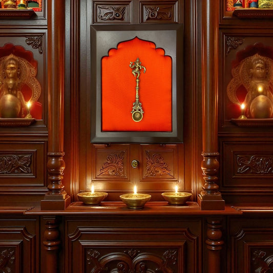 Brass Ganesha Tirtha  on Dark Orange in Wooden Frame – Spiritual Wall Décor