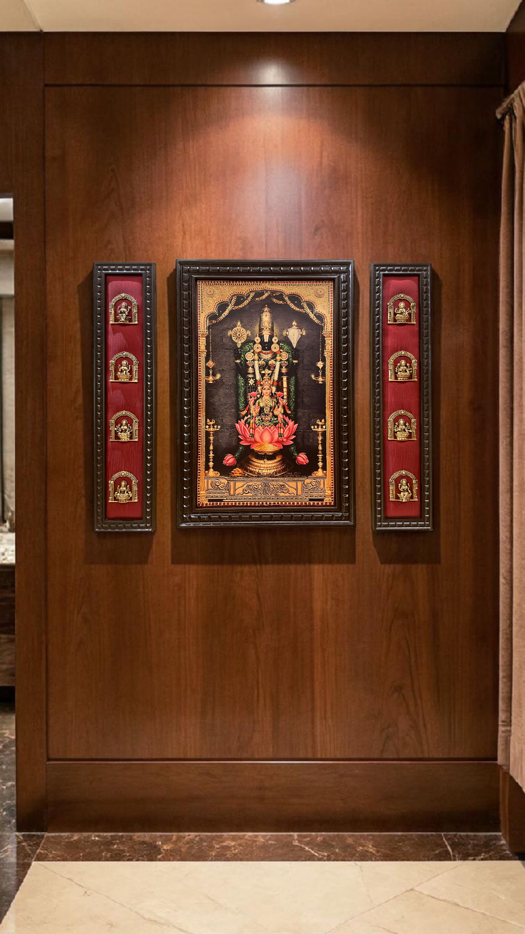 Tirupati Balaji Gold Leaf Art with Brass Ashtalakshmi | Premium Red Silk Wall Decor Frame.