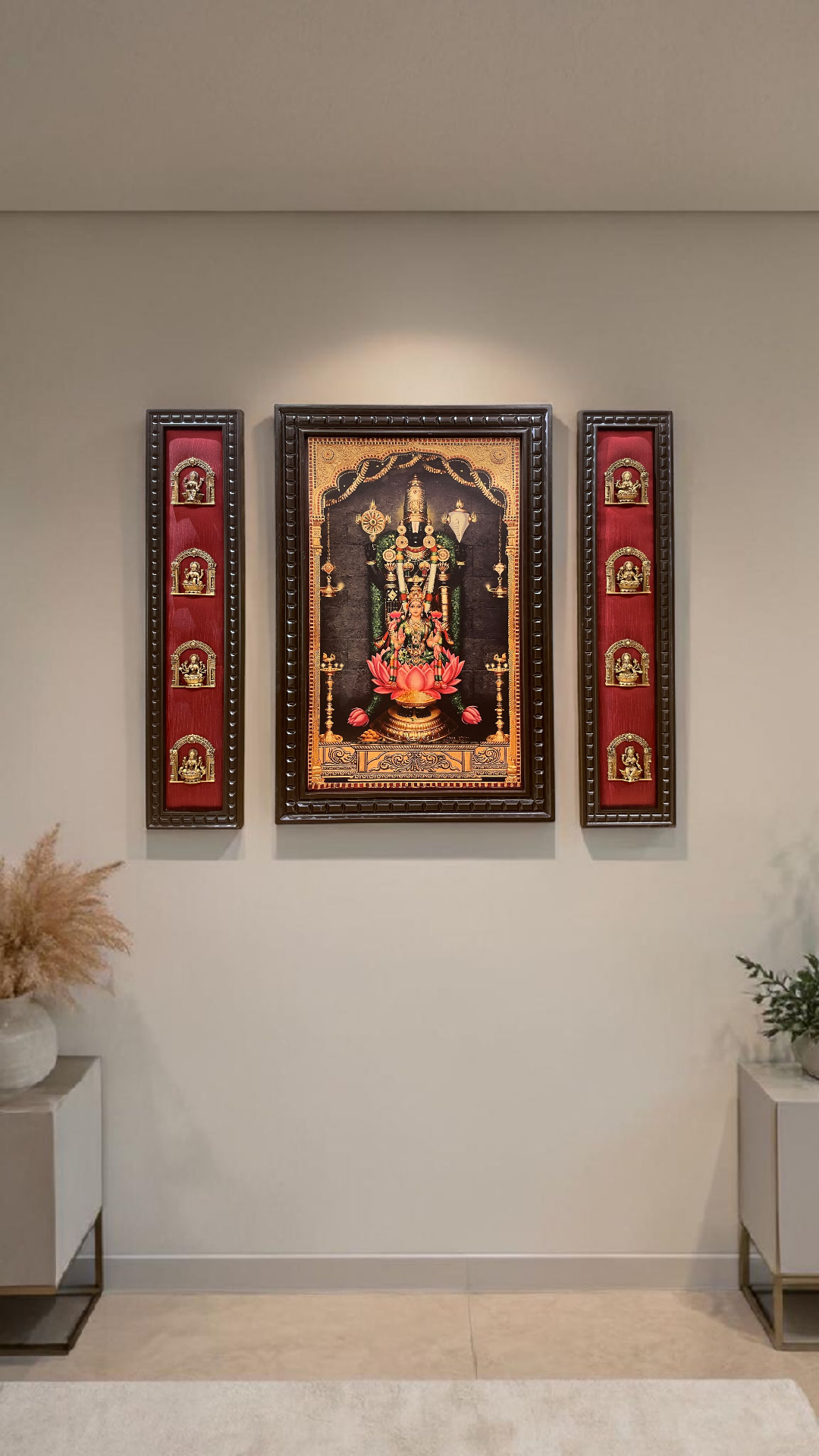 Tirupati Balaji Gold Leaf Art with Brass Ashtalakshmi | Premium Red Silk Wall Decor Frame.