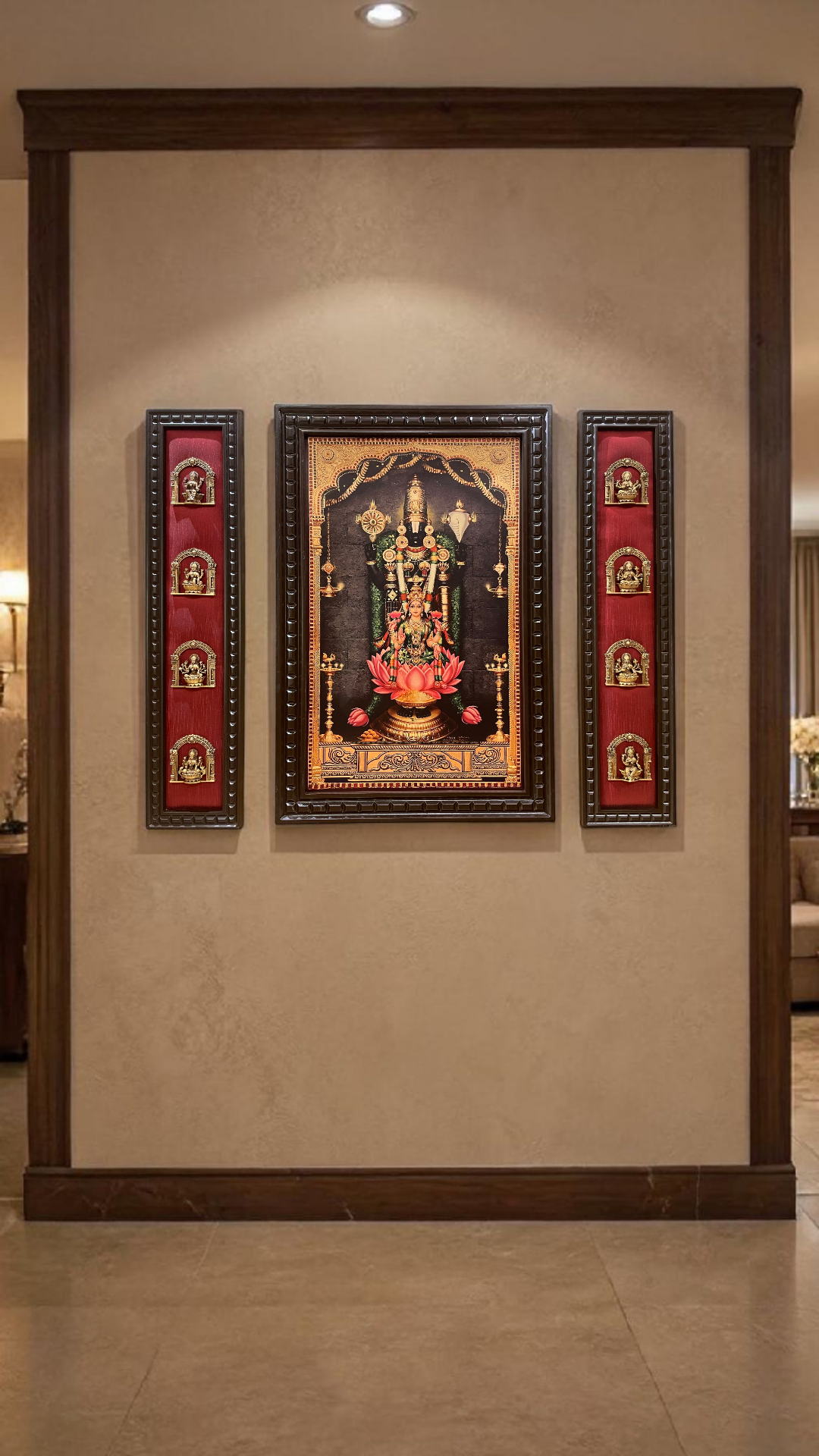 Tirupati Balaji Gold Leaf Art with Brass Ashtalakshmi | Premium Red Silk Wall Decor Frame.