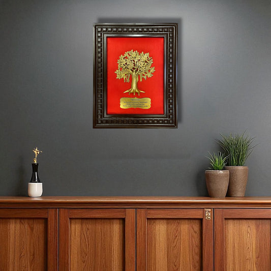 Brass Kalpavriksha Tree & badge with Red silk in Wooden Frame