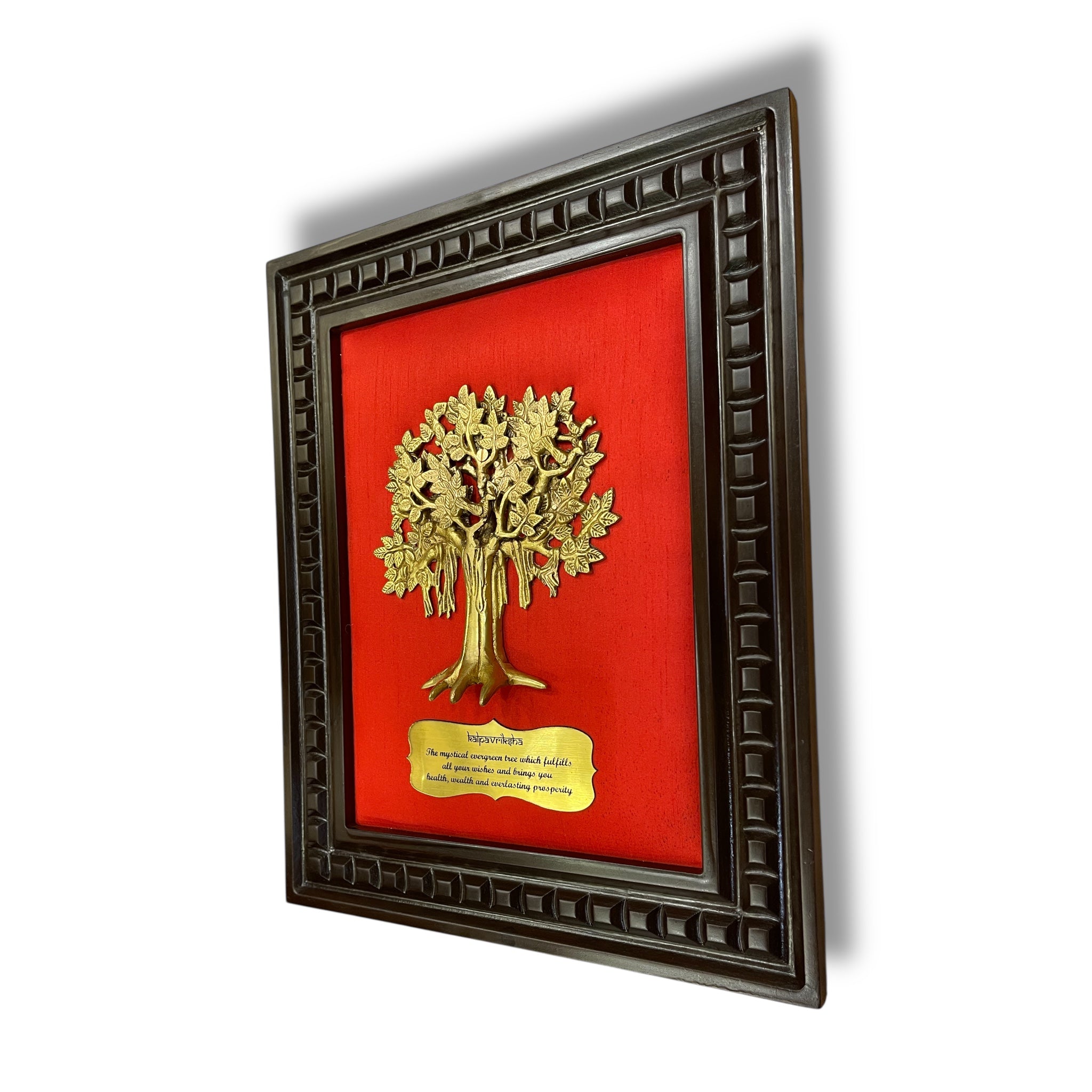 Brass Kalpavriksha Tree & badge with Red silk in Wooden Frame