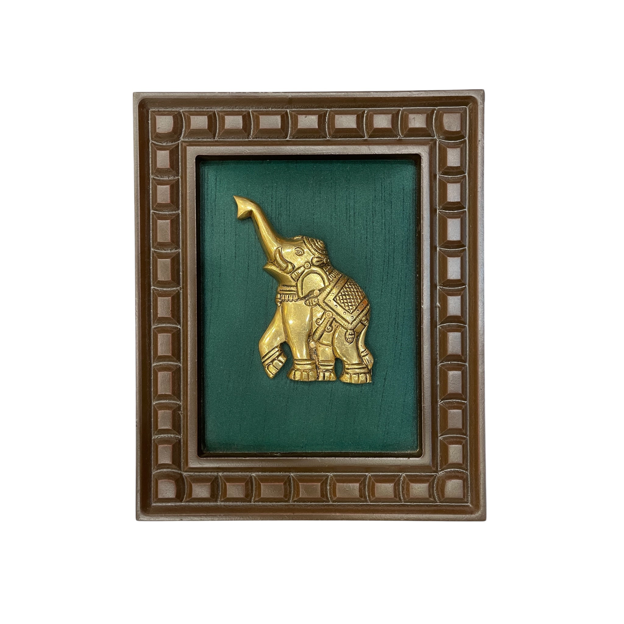 Brass Elephant With Rama Green Silk in Wooden Frame