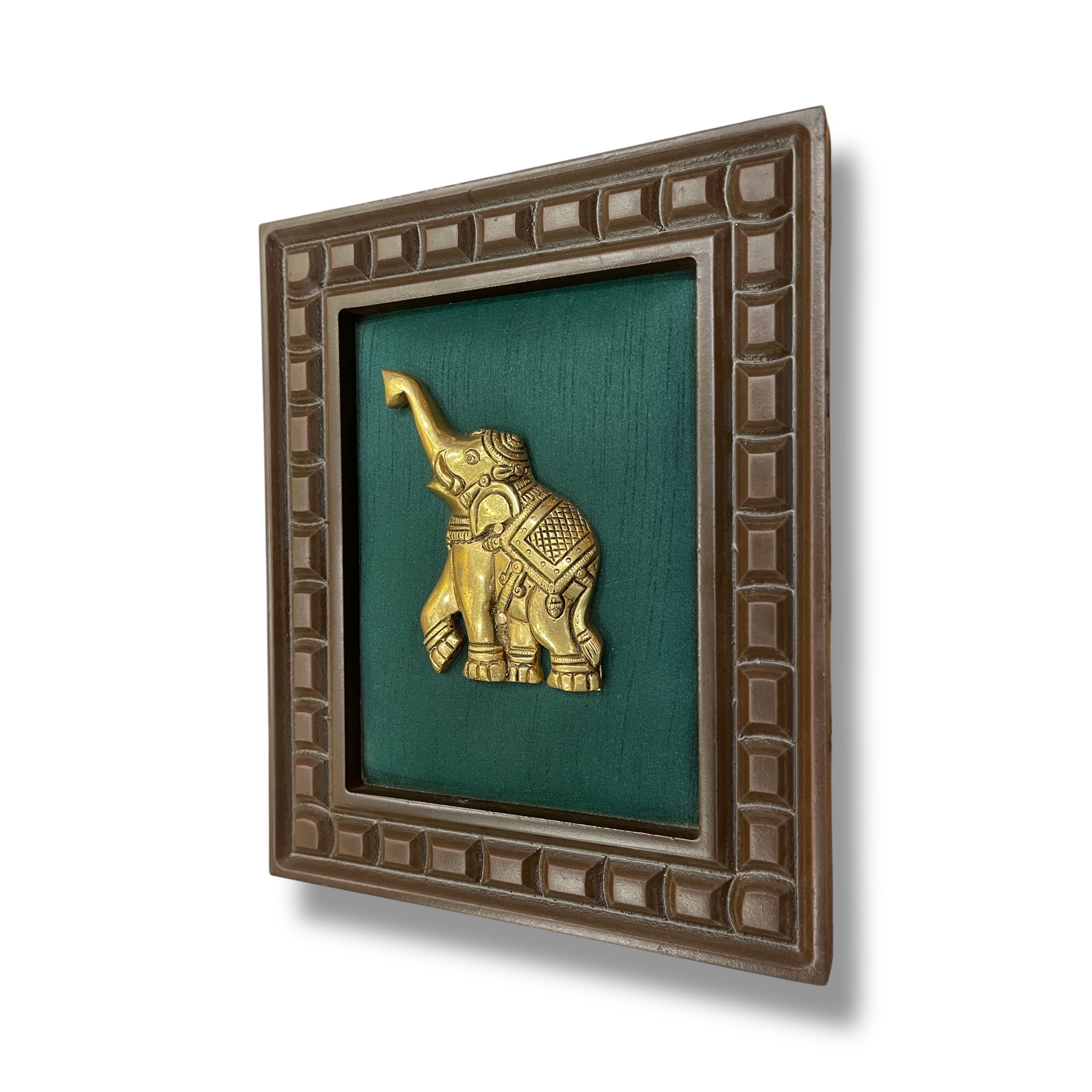 Brass Elephant With Rama Green Silk in Wooden Frame