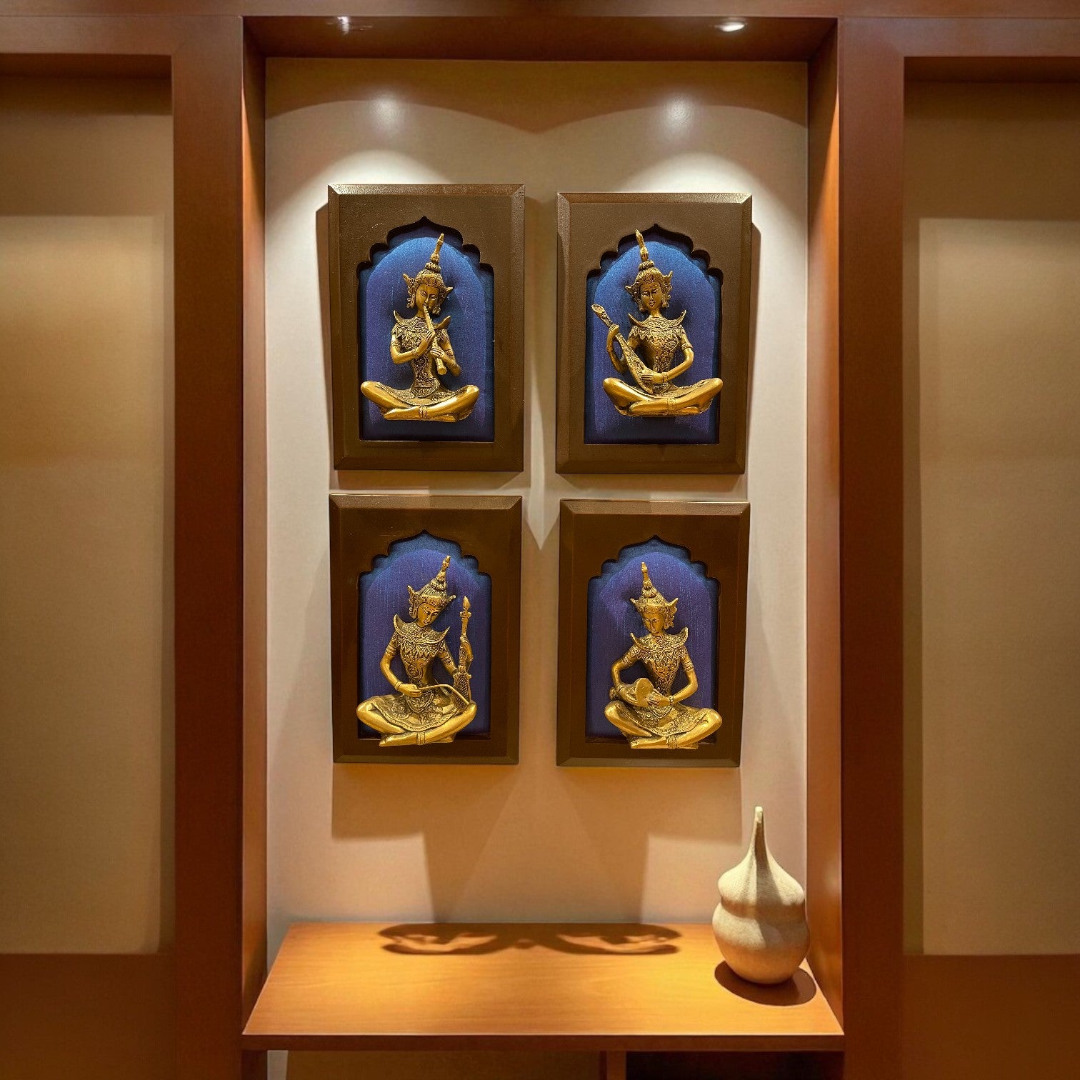 Brass Musician on Blue Silk in Wooden Frame