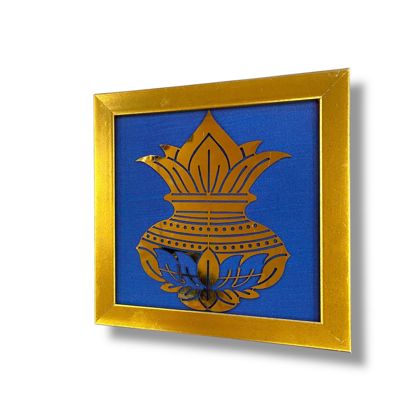 Kuber Kalash Wall Art – Prosperity Symbol in Titanium with Silk Backdrop