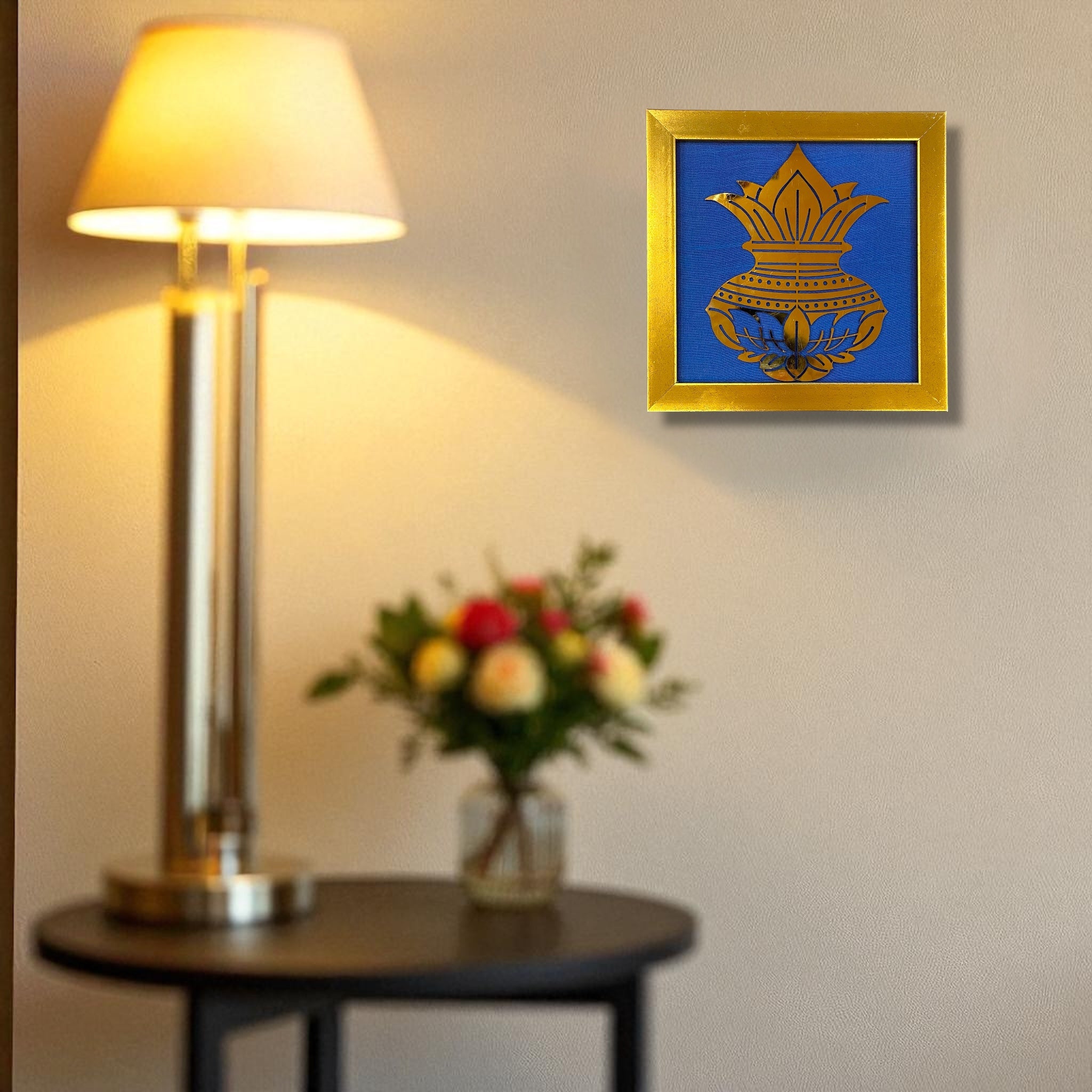 Kuber Kalash Wall Art – Prosperity Symbol in Titanium with Silk Backdrop