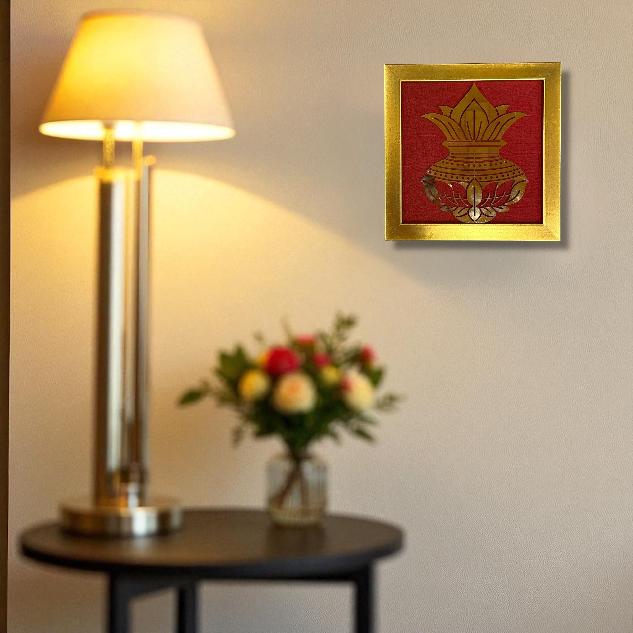 Kuber Kalash Wall Art – Prosperity Symbol in Titanium with Silk Backdrop