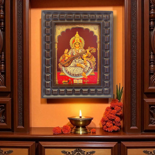 Goddess Saraswati - 2 Gold Leafed Art With Wooden Frame