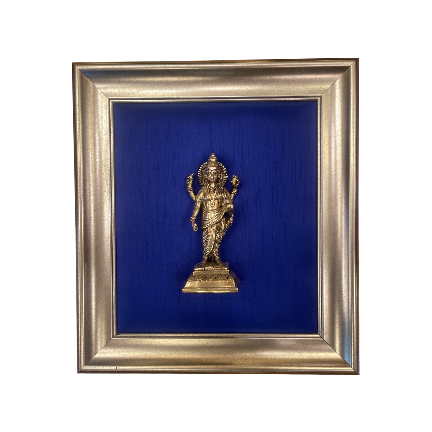 Divine Dhanvantari Wall Art – Brass Idol on Elegant Blue Silk in Moulded Frame