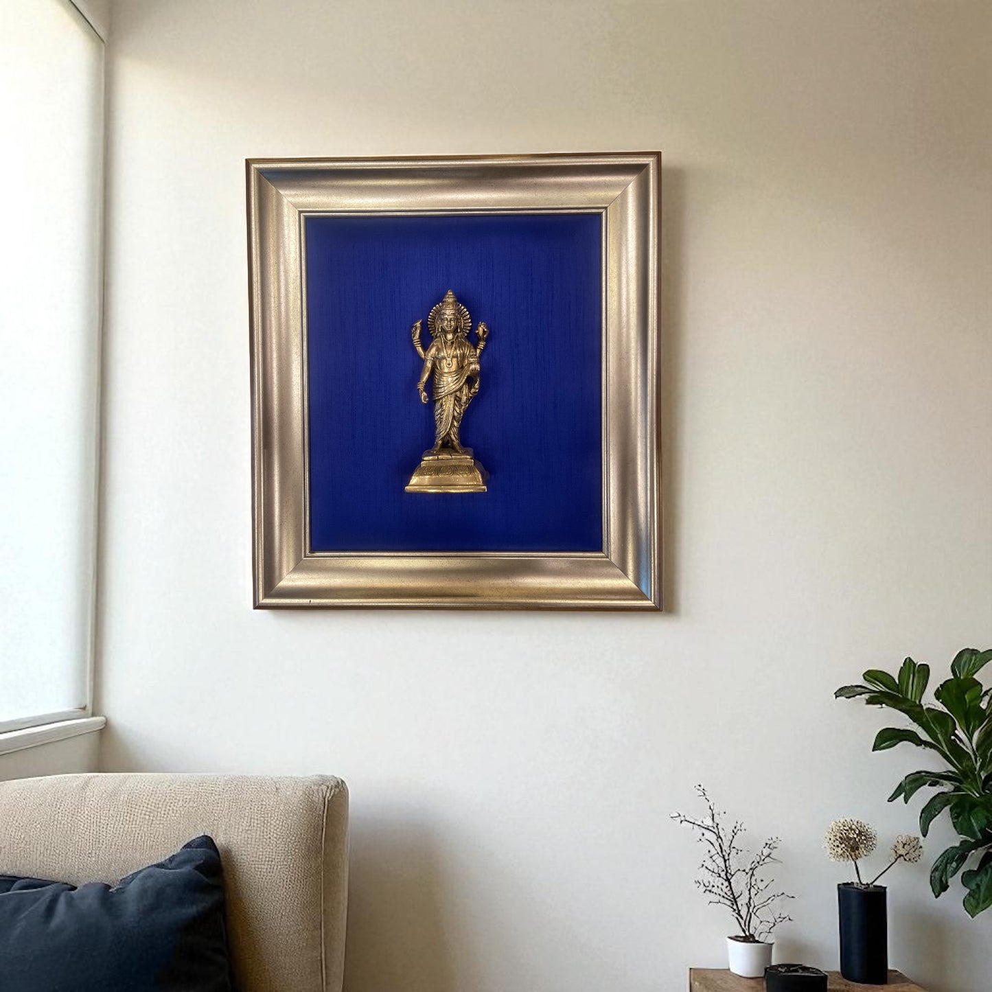 Divine Dhanvantari Wall Art – Brass Idol on Elegant Blue Silk in Moulded Frame