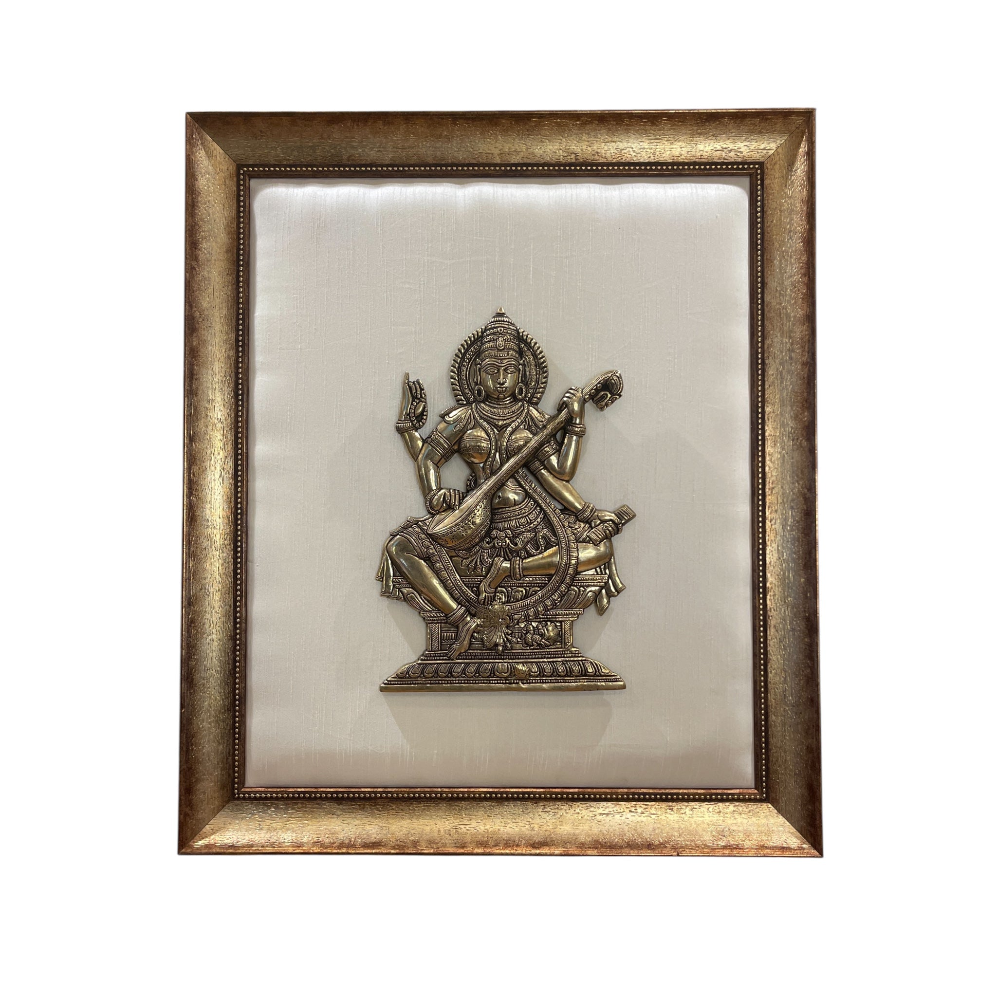 Brass Saraswati on Silk Backdrop in Antique Gold Resin Frame