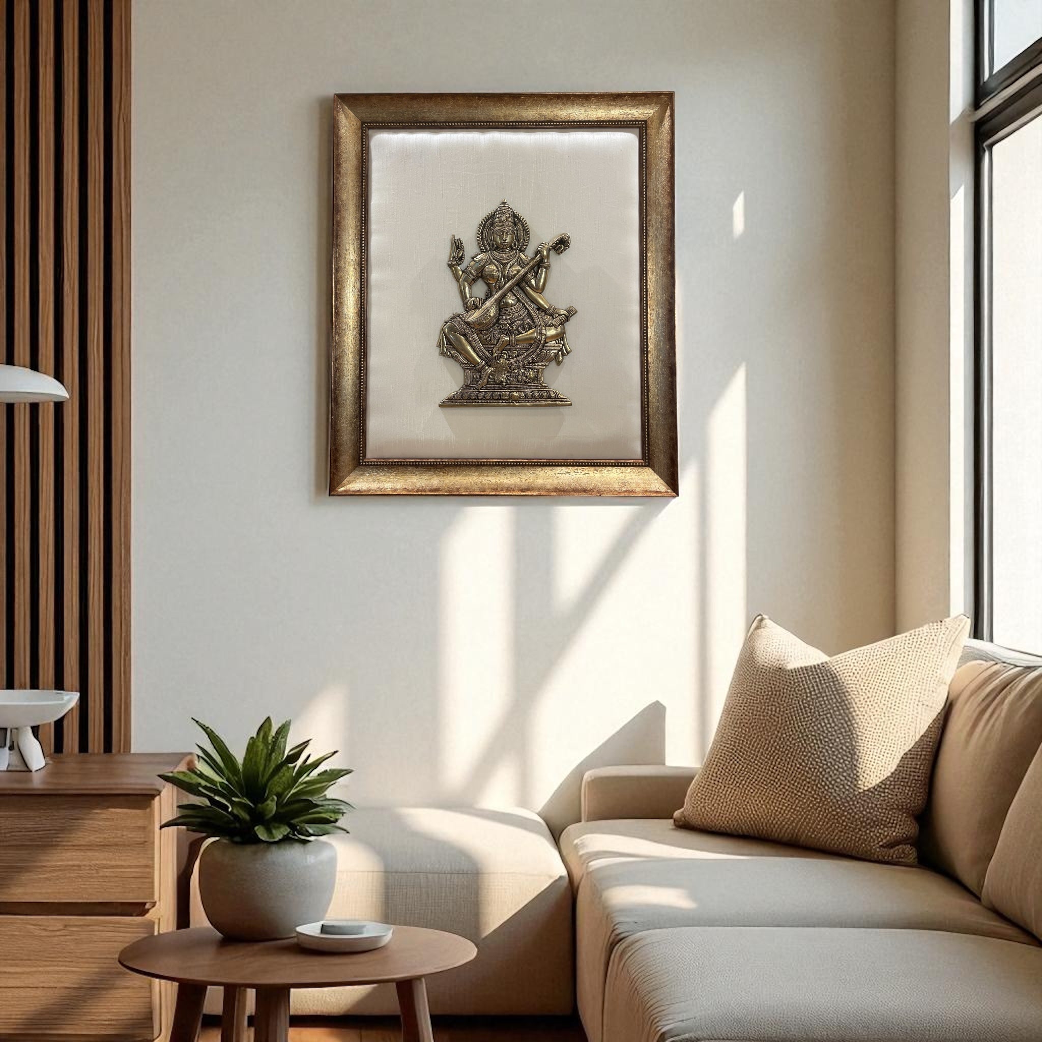 Brass Saraswati on Silk Backdrop in Antique Gold Resin Frame