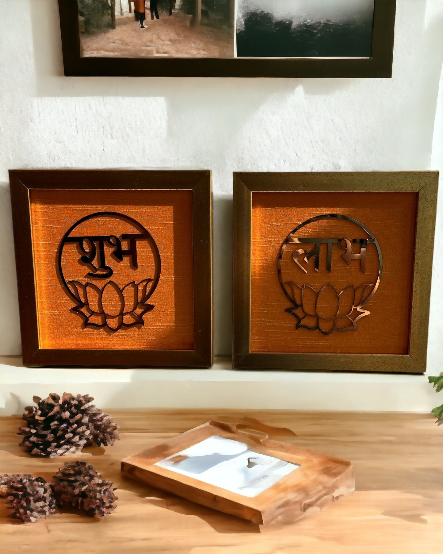 Shubh Labh metal brass with orange silk backdrop - resin gold frame