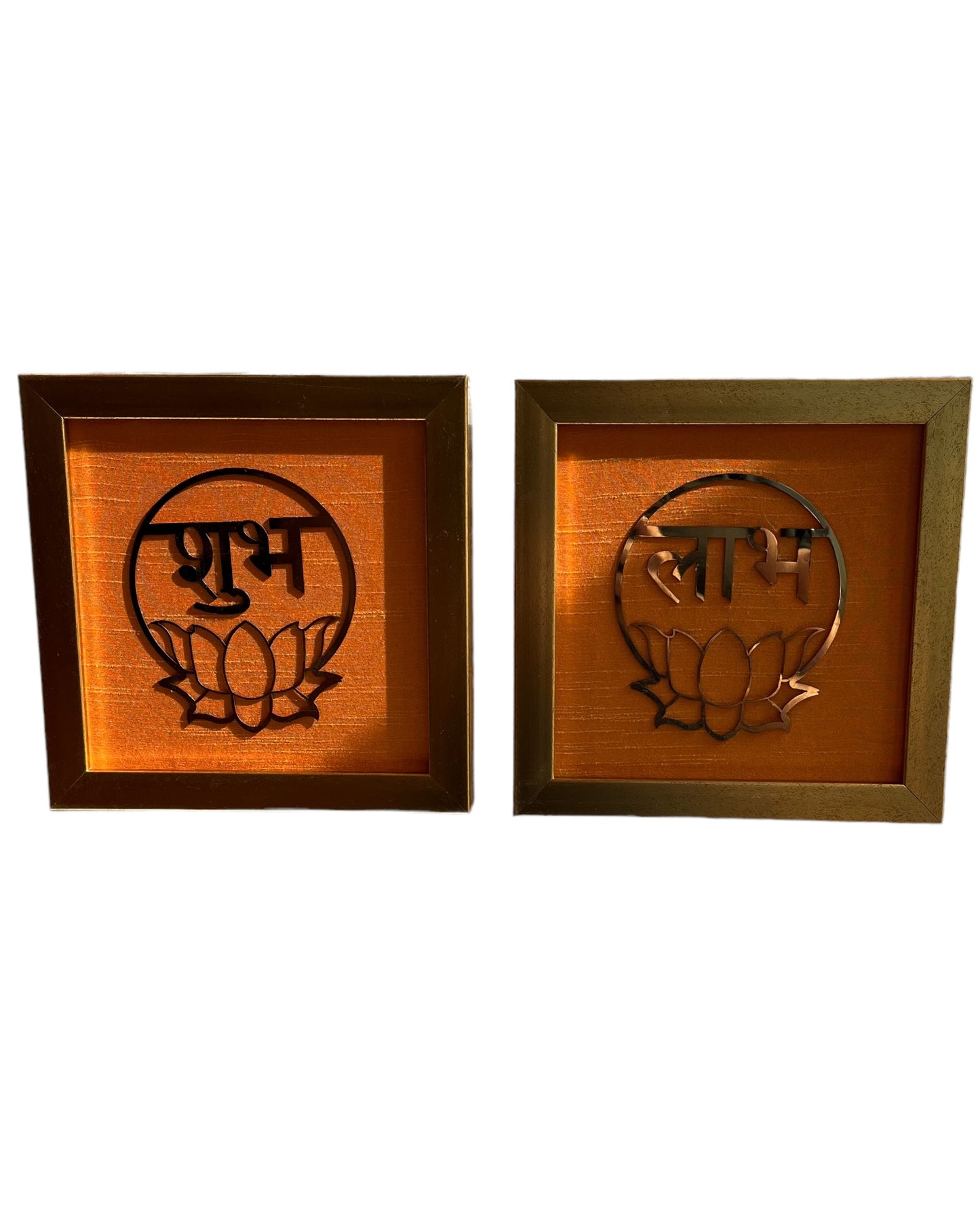 Shubh Labh metal brass with orange silk backdrop - resin gold frame