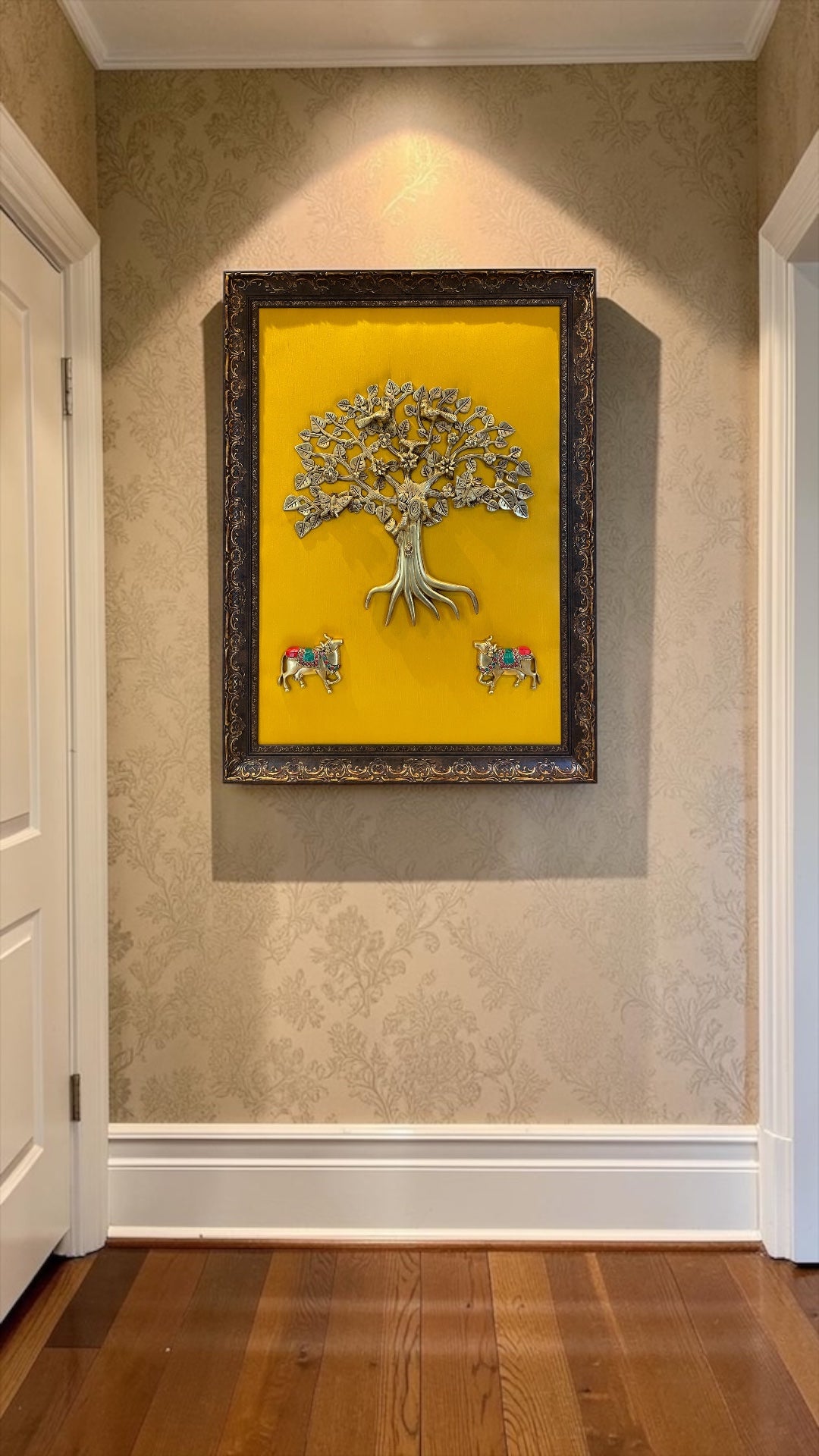 Brass Kalpavriksha Tree with Kamadhenu Wall Art | Luxury Vastu & Prosperity Frame for Home Décor.