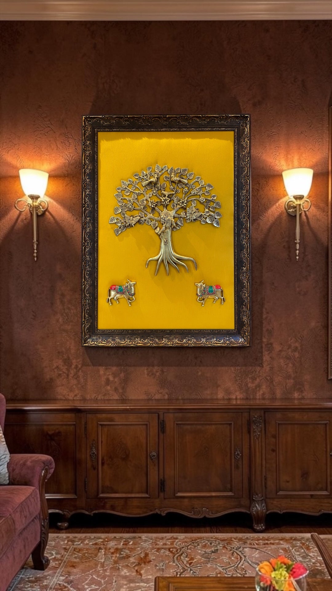 Brass Kalpavriksha Tree with Kamadhenu Wall Art | Luxury Vastu & Prosperity Frame for Home Décor.