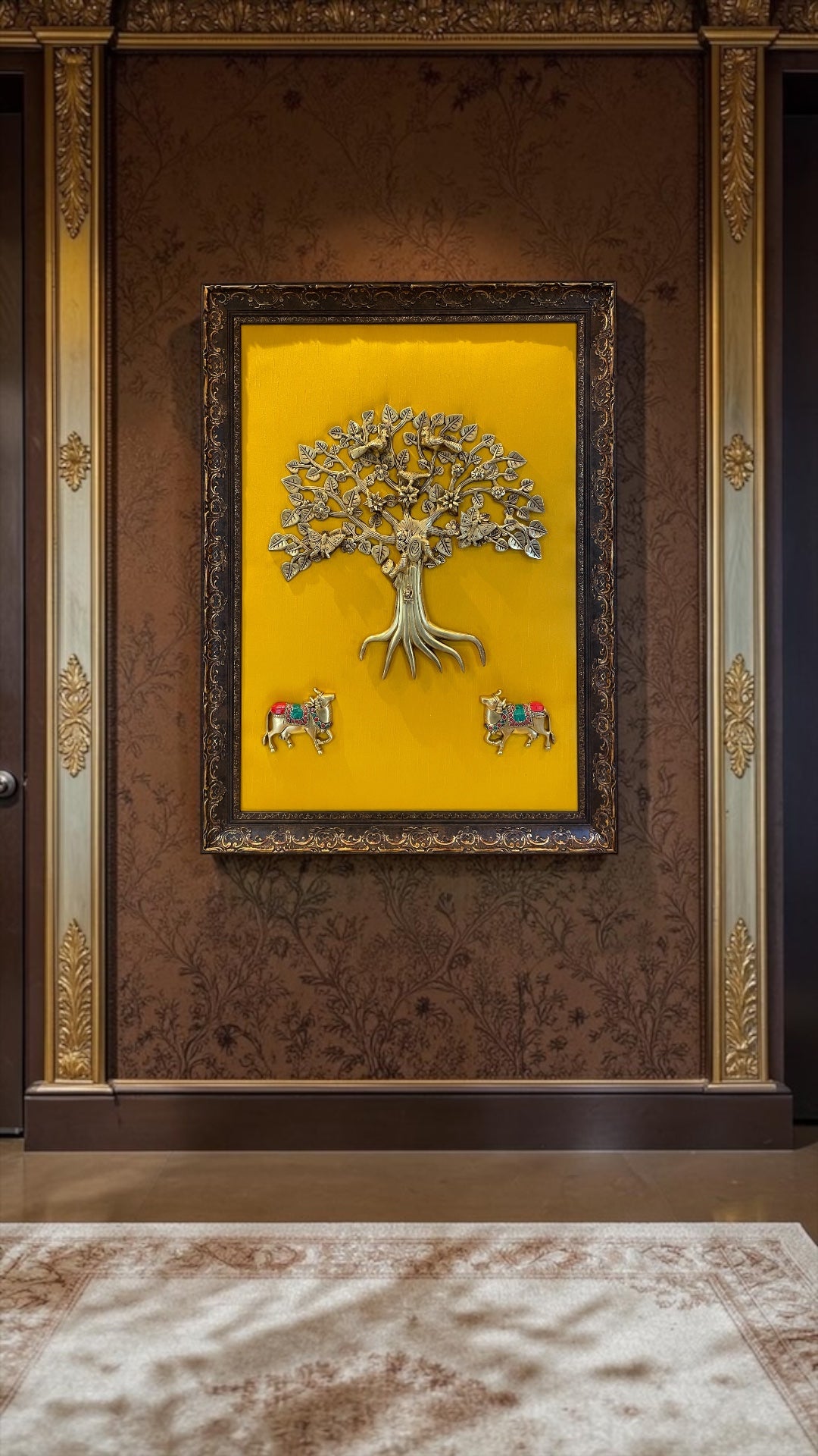 Brass Kalpavriksha Tree with Kamadhenu Wall Art | Luxury Vastu & Prosperity Frame for Home Décor.