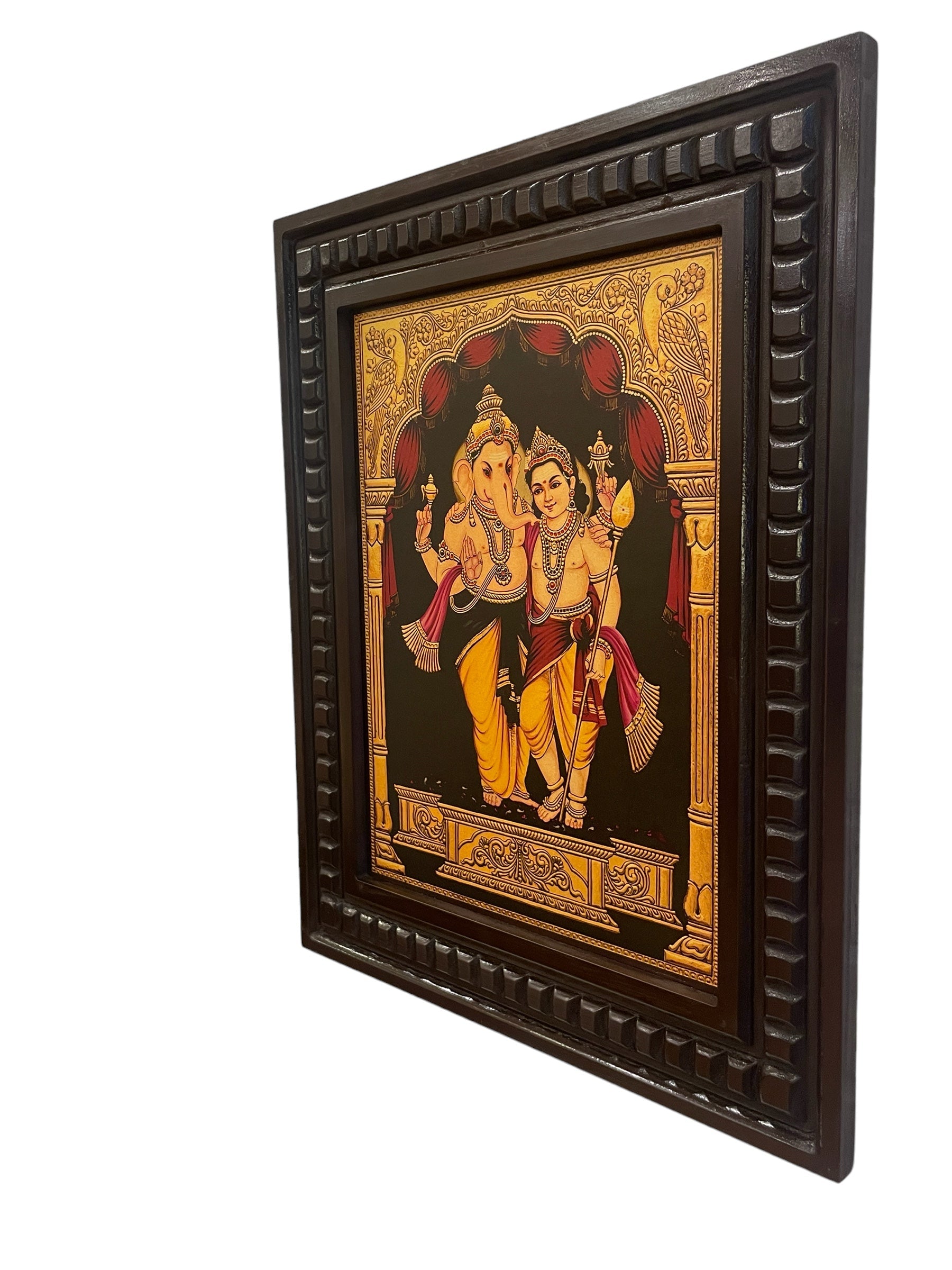 Gold Leafed Art Ganesha Kartikeya With Wooden Frame