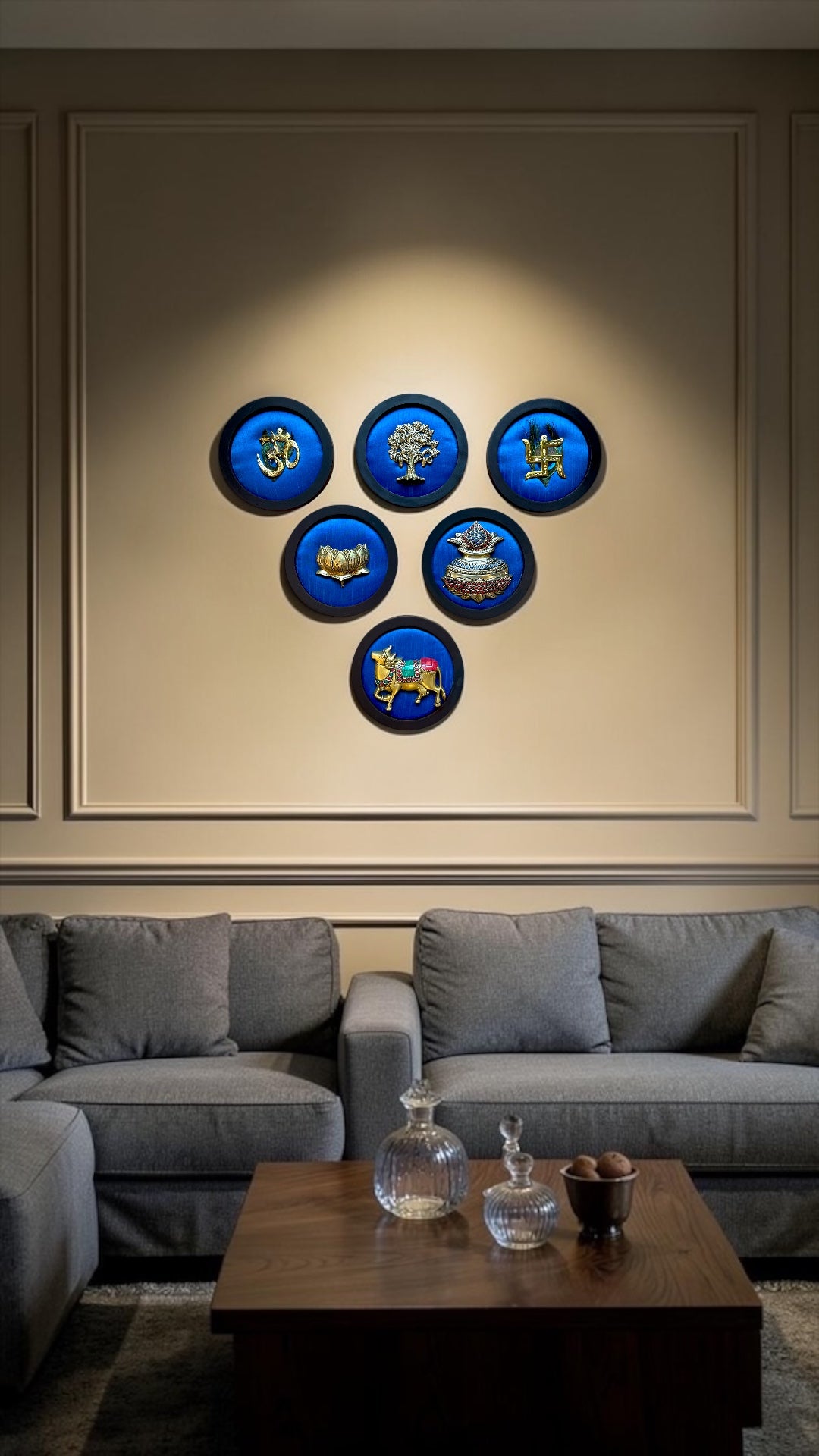 Luxury Brass 6-Piece Wall Art Set on Blue Silk | Vastu & Pooja Decor