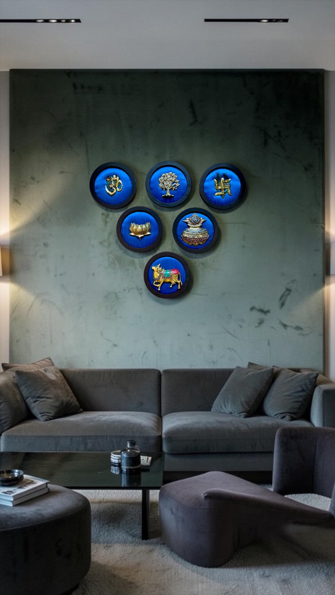 Luxury Brass 6-Piece Wall Art Set on Blue Silk | Vastu & Pooja Decor