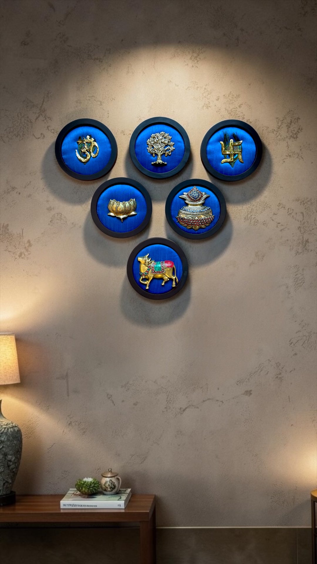 Luxury Brass 6-Piece Wall Art Set on Blue Silk | Vastu & Pooja Decor