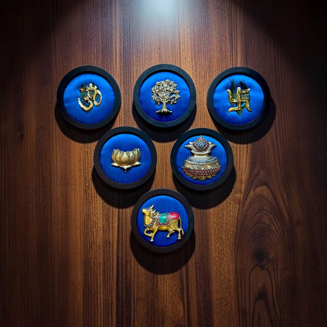 Luxury Brass 6-Piece Wall Art Set on Blue Silk | Vastu & Pooja Decor