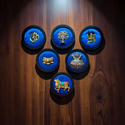 Luxury Brass 6-Piece Wall Art Set on Blue Silk | Vastu & Pooja Decor