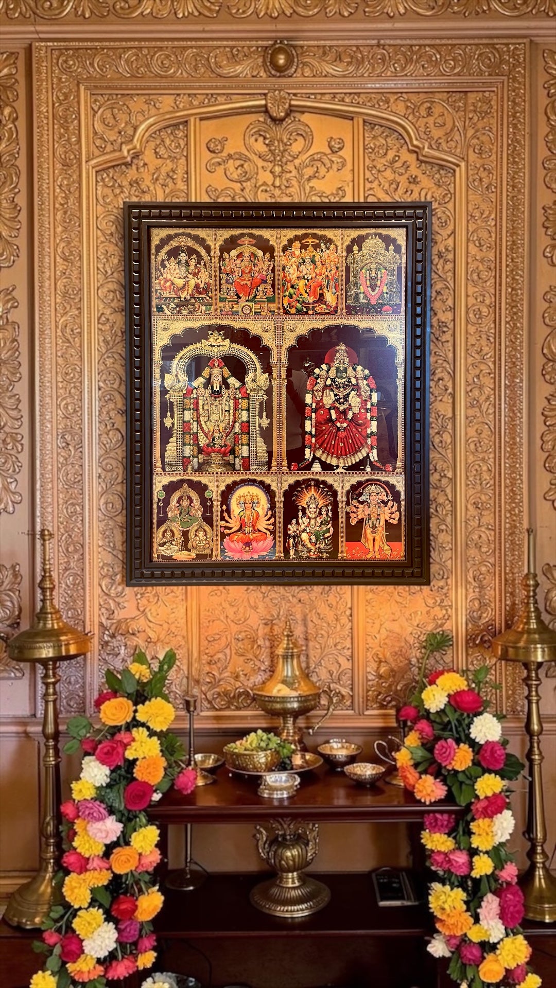 10 Gods in One Frame Gold Leaf Art | Premium Wooden Frame Pooja Wall Decor | Luxury Temple Wall Art.