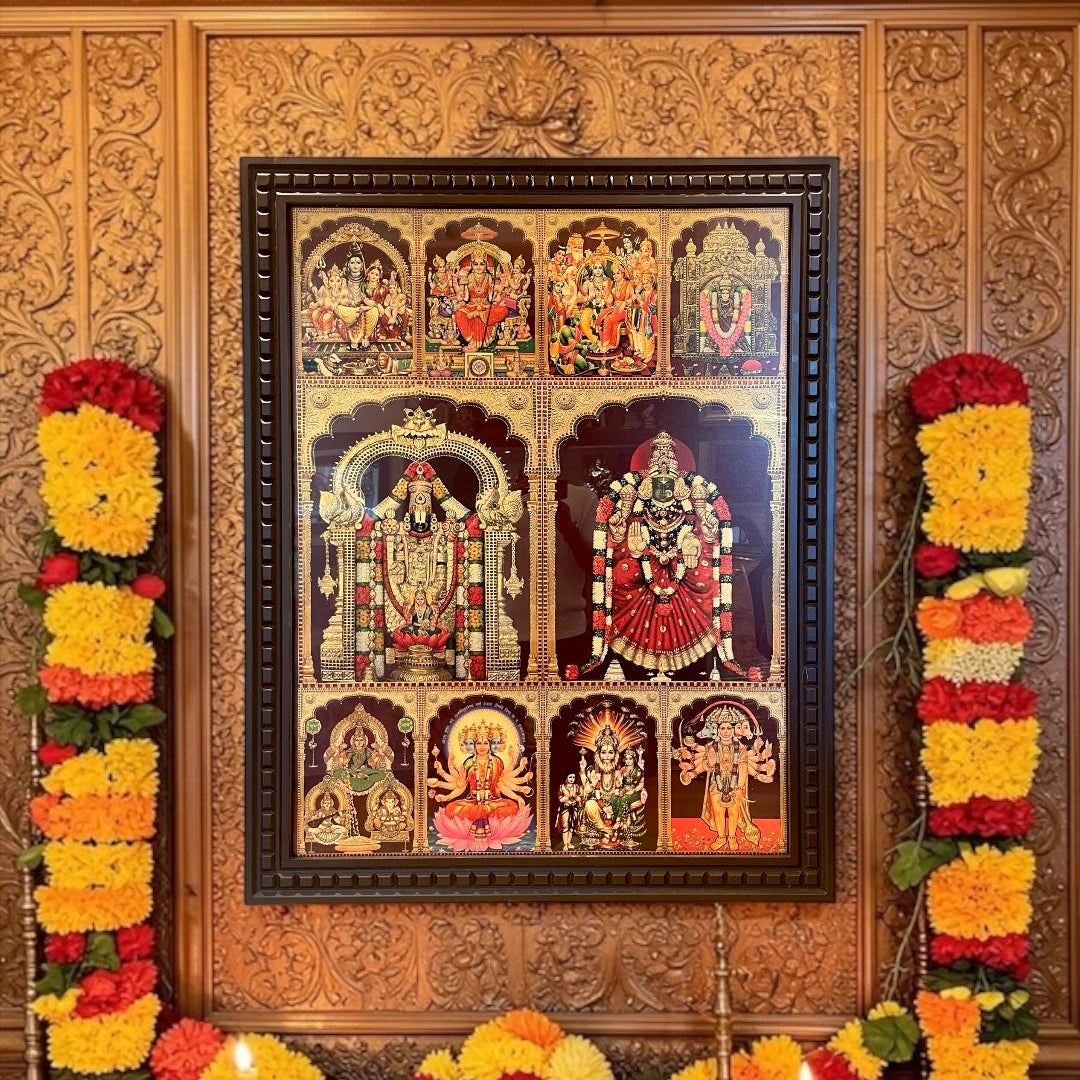 10 Gods in One Frame Gold Leaf Art | Premium Wooden Frame Pooja Wall Decor | Luxury Temple Wall Art.