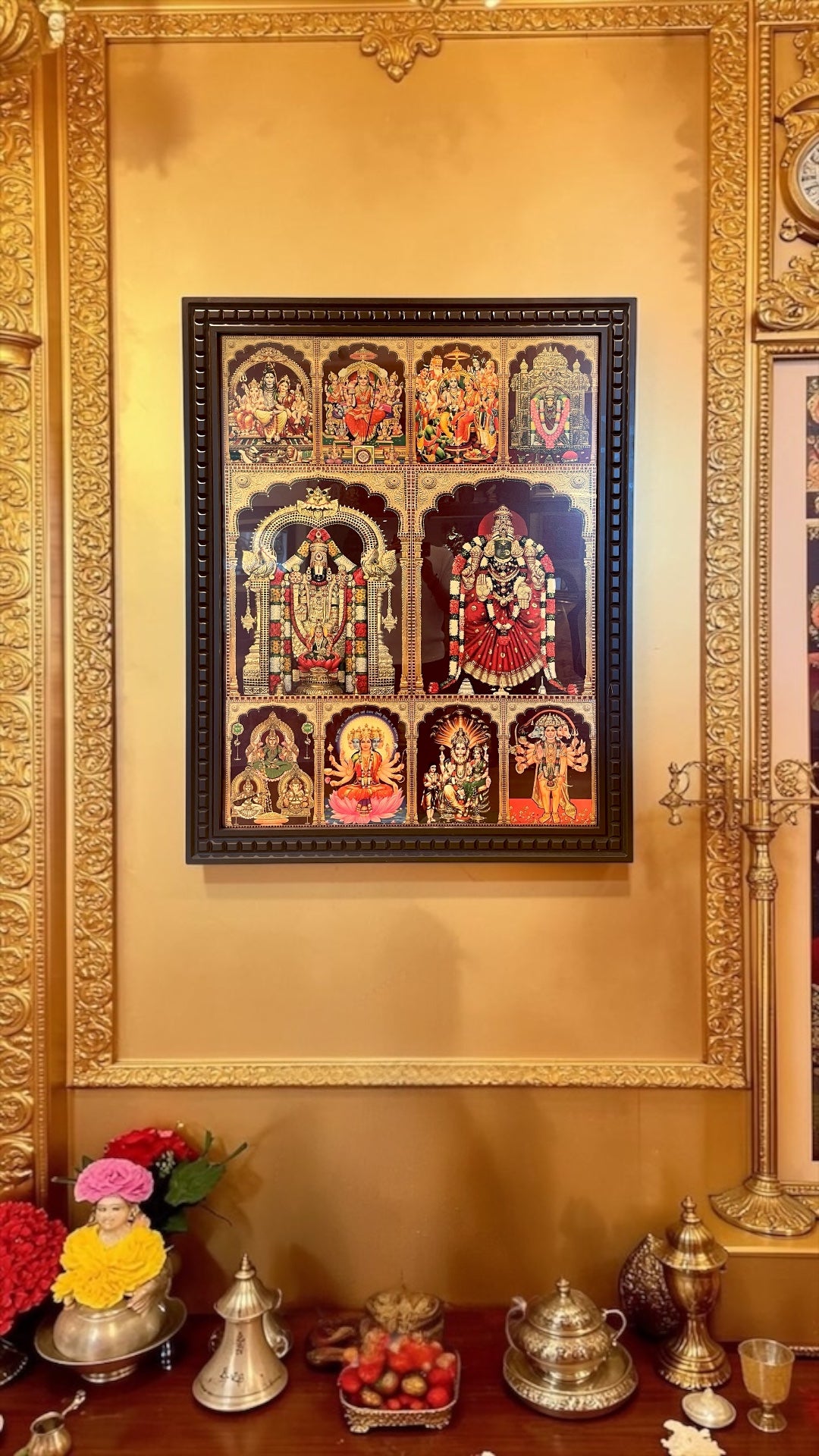 10 Gods in One Frame Gold Leaf Art | Premium Wooden Frame Pooja Wall Decor | Luxury Temple Wall Art.